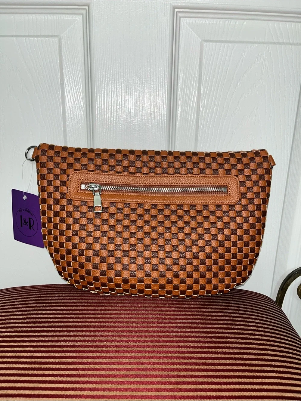 Iris & Rainbow Brown/Rust Day In Tessellate Woven Faux Leather Crossbody Bag